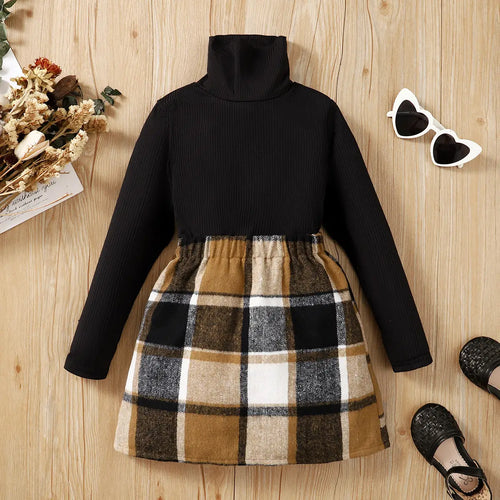 2pcs Kid Girl Turtleneck Long-sleeve Black Tee & Plaid Skirt