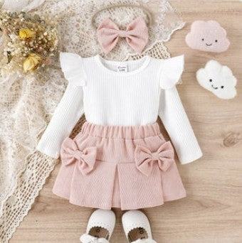 3pcs Baby Girl 95% Ribbed Long-sleeve Top and Front Skirt